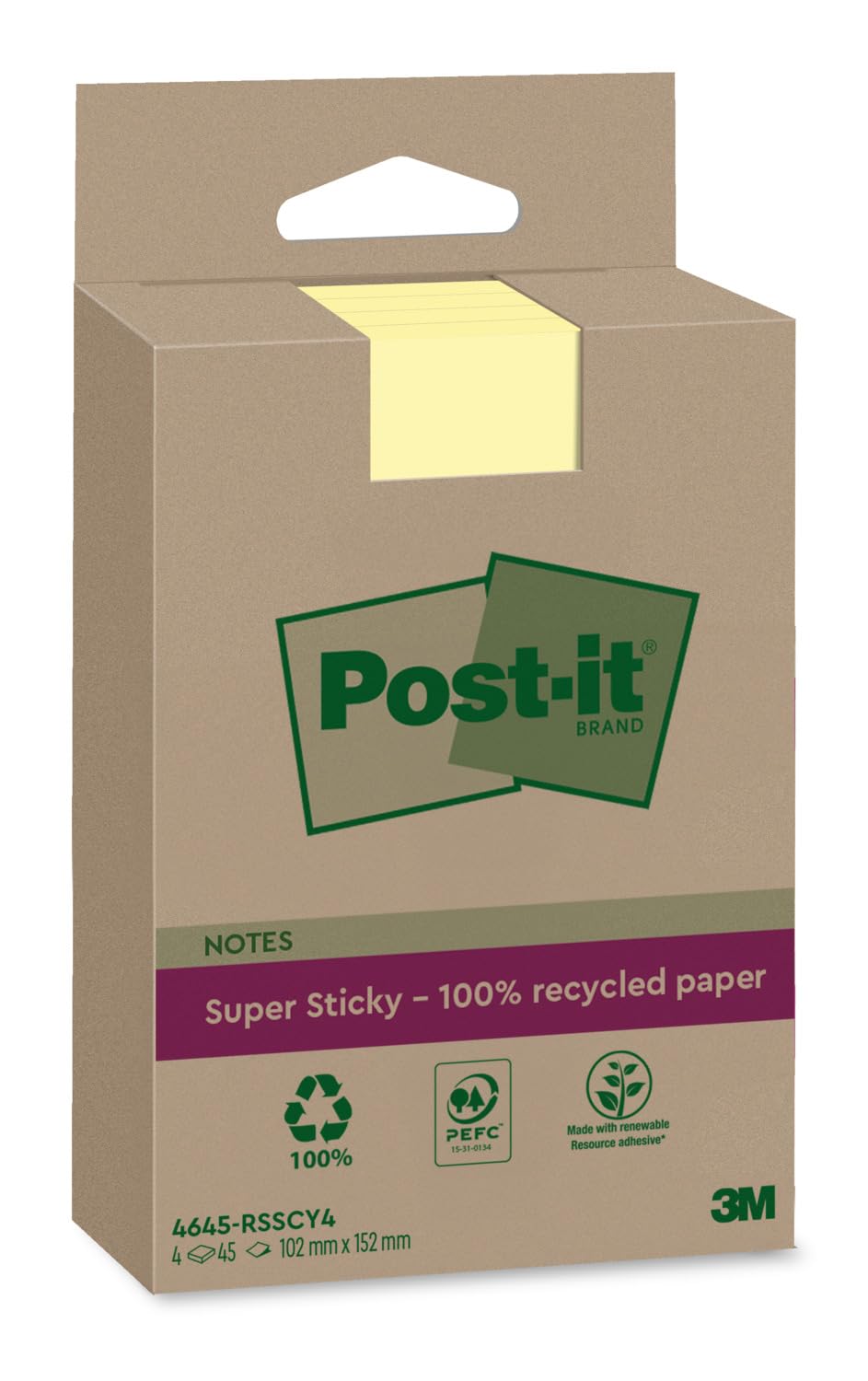 Post-it Super Sticky 100% Recycled Notes XXL, Canary Yellow, Lined - Pack of 4 Pads, 45 Sheets per Pad, 102 mm x 152 mm - Extra Sticky Notes Made from 100% Recycled Paper