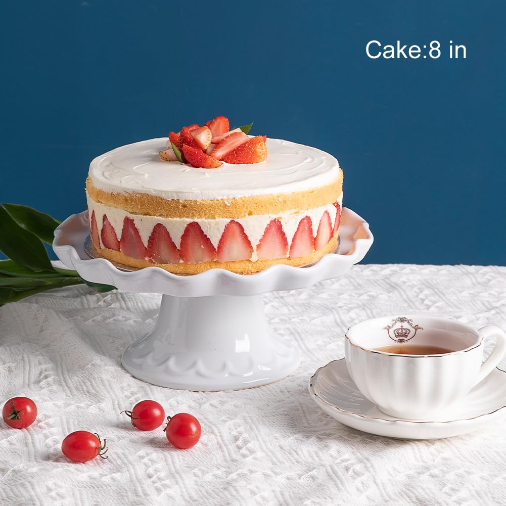 Sweejar Porcelain Cake Stand, Dessert Table Display Plate for 8-Inch Cake, Round Cupcake Stand with Soft Wave Edge for Snacks, Cookies, Birthday Parties, Weddings, Baby Shower and Other Events (White)