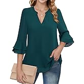 CASURESS Women's Tops Dressy Casual V Neck 3 4 Tiered Bell Sleeve Blouses Double Layered Chiffon Work Tunic Shirts