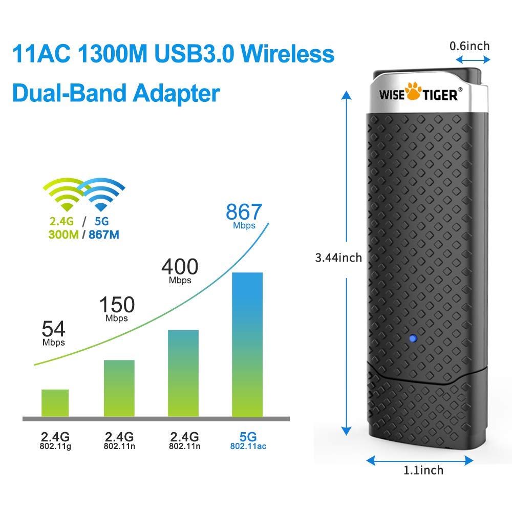 WiFi Adapter for PC, AC1300Mbps High Speed 802.11Ac Gaming Wireless USB Adapter Long Range WiFi USB Dual Band 5G WiFi Dongle for Desktop Laptop, Install Fast, Just 3 Minutes,U Disc Driver Included