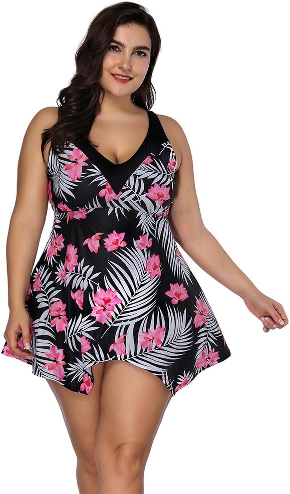 TRAINER SECRET Women's Two Piece Swimwear Dress Plus Size Floral Printed Swimsuit Tankini with Adjustable Straps