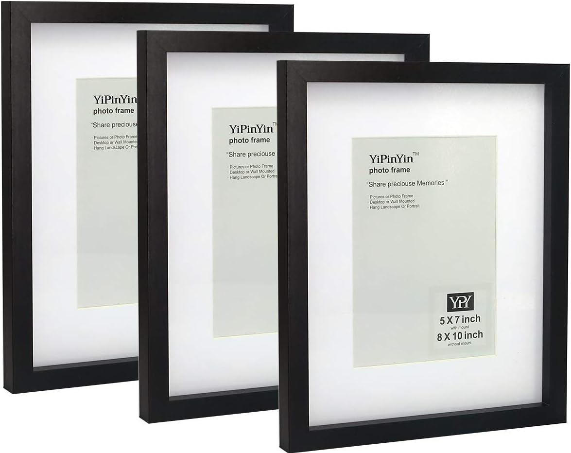 Black 8x10 Inch Pcture Frames Set of 3 with Mount for 5x7'',10x8'' Boxed Gallery photo Frame 3Pack With Perspex Window Front for Tabletop or Wallmounted