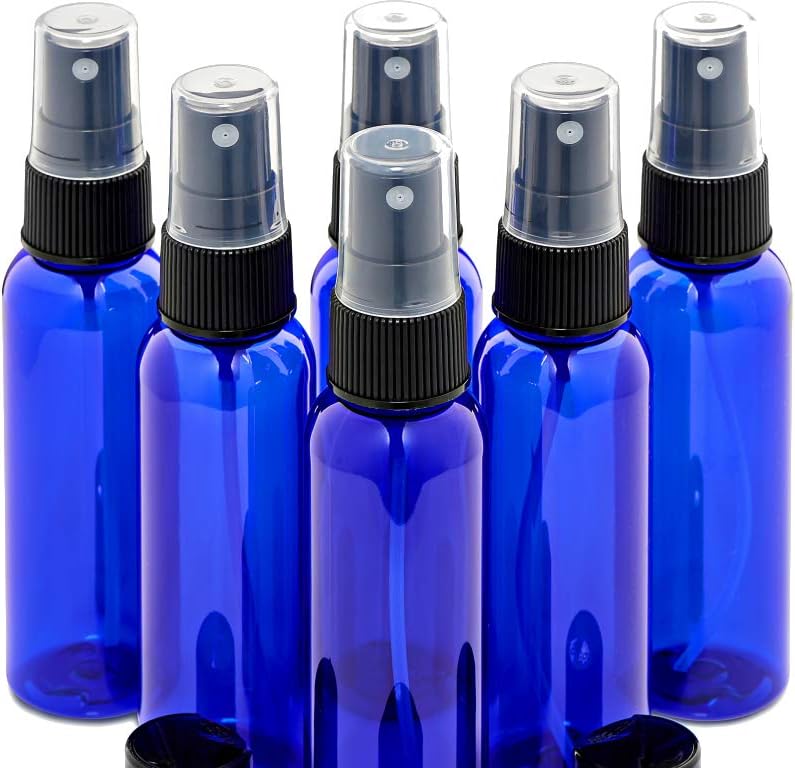 2 Ounce PET (Plastic) Bottles Refillable Set of 6 with 6 Black Mister Spray Caps Plus 6 Disc-Tops and 6 Chalkboard Stickers for Essential Oils (EO), Home and Beauty Products.