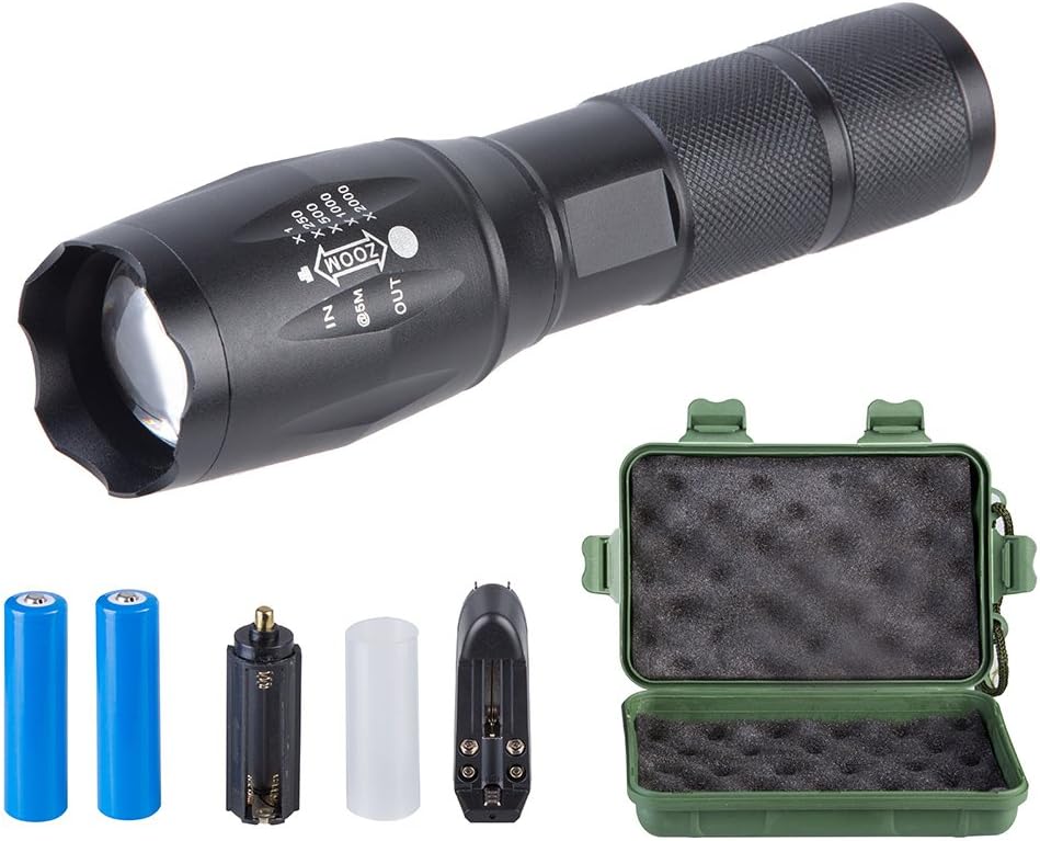 Flashlight,Kernowo Super Bright LED Tactical Flashlight Zoomable Adjustable Focus 5 Modes Water Resistant Torch with Rechargeable 18650 5600mAh Lithium Ion Battery & Charger