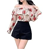 SweatyRocks Women's Off The Shoulder Tops Ruffle Floral Print Blouses Casaul Long Sleeve Blouse