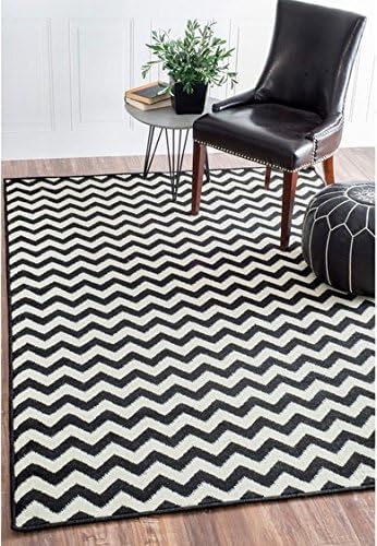 Single Piece Black 5'3 x 7'6 Chevron Rug, Latex Free Feature, Rectangle Shape, Casual Classic Contemporary Style, Stripe Pattern, Machine Made, Polypropylene Material, Dark Black, White