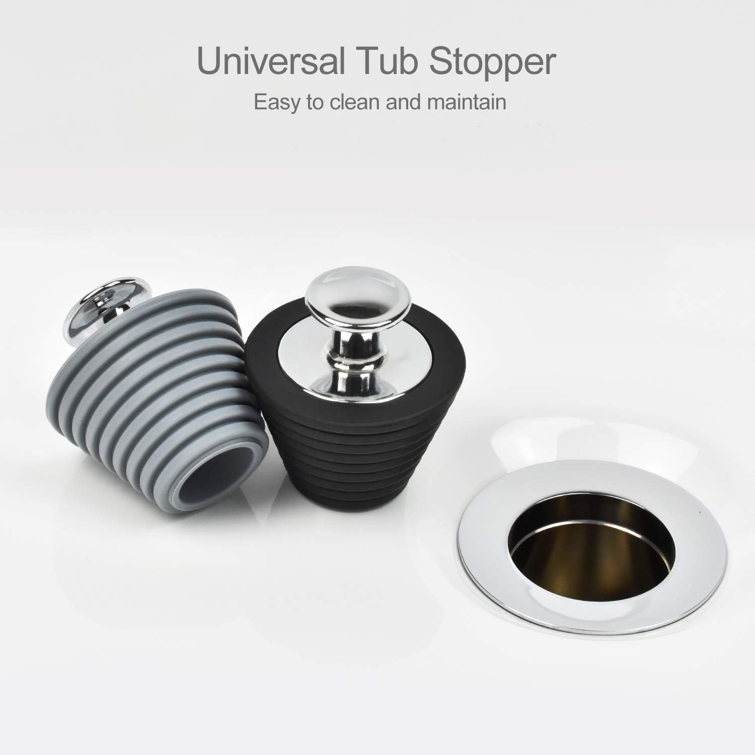 LEKEYE Universal Bathtub Stopper for Bathtub and Bathroom Sink Drains, Black and Gray-2 Pack(Patented Product) - - 