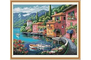 Joy Sunday Cross Stitch Kits Stamped Full Range of Embroidery Starter Kits for Beginners DIY 14CT 2 Strands -Colorful House by The Water(Printed) 20.5×17.3 inch
