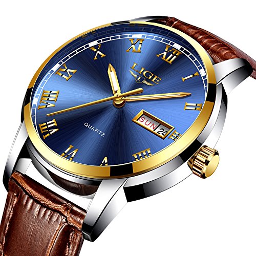 Watch Men's Luxury Quartz Casual Watch, LIGE Fashion Wrist Watch with Brown Leather Watches