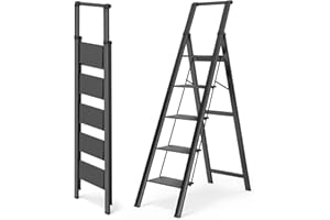 WOA WOA 5 Step Ladder, Ladders for Home, Anti-Slip Pedals, Step Stool Foldable, Lightweight to Move, Ease of Storage, Reach 10ft for Closet Kitchen Library, Hold 300lbs - Black