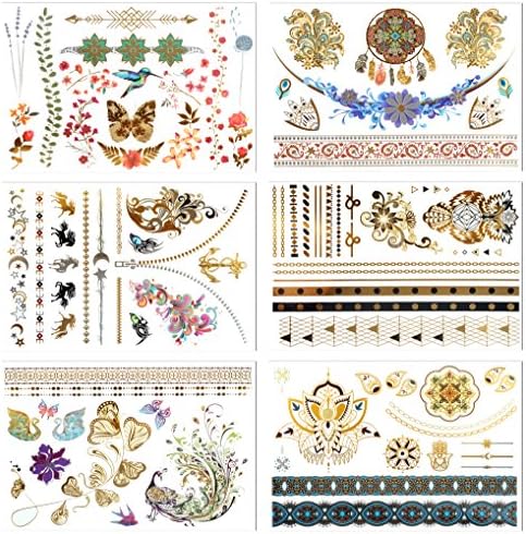 Metallic Temporary Tattoos, PrettyDate 6 Sheets 75+ Designs in Gold Silver Black, Fake Glitter Jewelry Tattoos- Bracelets, Necklaces, Wrist, Anklets and Armbands（Vintage Collection）