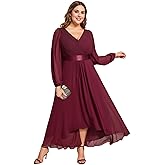 Ever-Pretty Plus Women's V Neck Chiffon Long Sleeves Pleated High Low A Line Plus Size Formal Mother of The Bride Dress