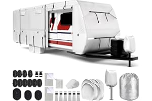 Mofeez Oxford Fabric Travel Trailer RV Cover, Camper Cover with 420D Oxford for The Top, 24'-27' Tearproof Waterproof Windproof Travel Trailer Cover with 4 Tire Covers, Jack Cover and Zippered Doors