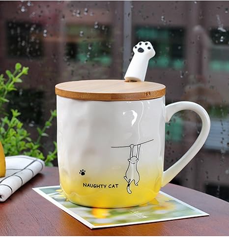 Amazon Co Jp Shellme 猫のセラミックカップ 可愛い マグカップ 蓋付き スプーン付き ミルクカップ コーヒーカップ 萌え萌え湯飲み ファッション 耐高温 グラデーション色 プレゼント イエロー ホーム キッチン