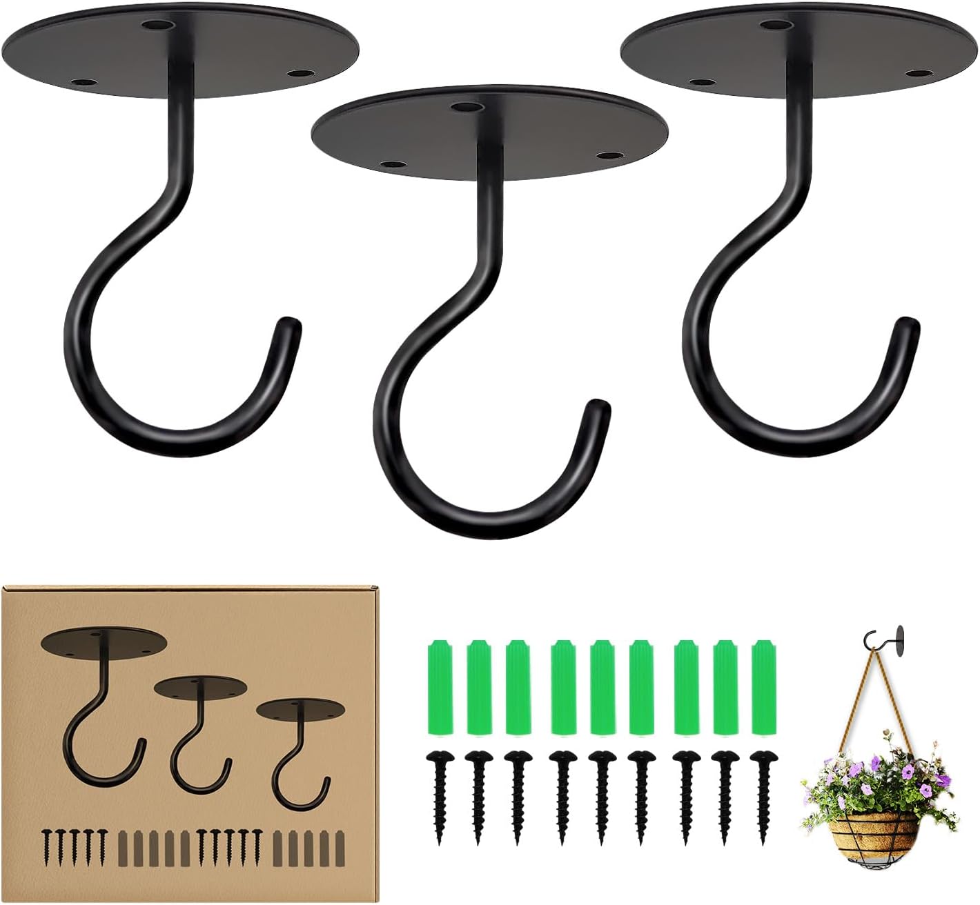 Outdoor Hanging Brackets - Ticway Ceiling Hooks for Hanging Plants, Metal Plant Hooks Wall Mount Hangers for Hanging Plants, Bird Feeders, Wind Chimes, Lanterns, Planters - Outdoor Decoration Hooks (3 Pack) (Black)