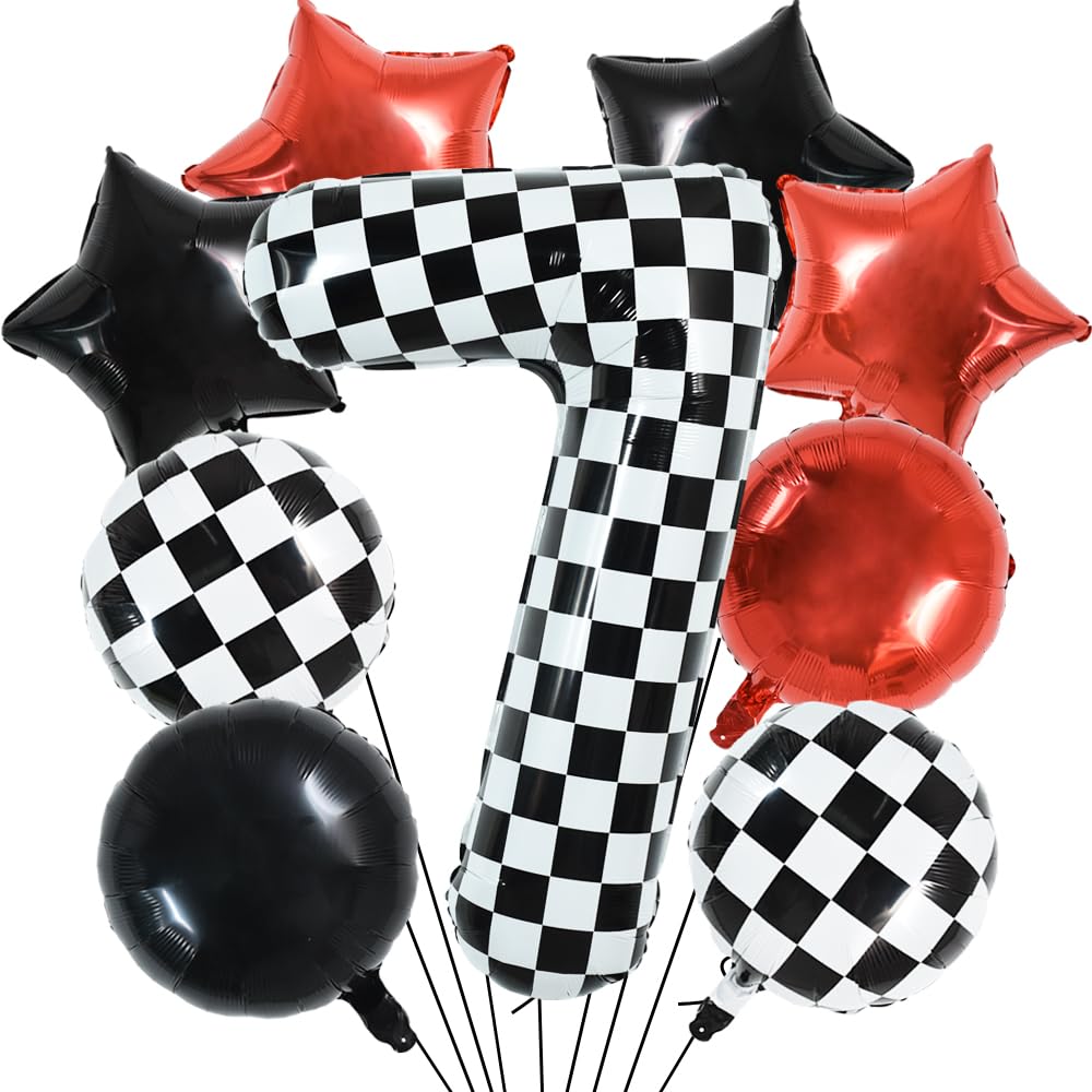 TONIFUL 40 Inch Checkered Number Balloon Set Black and White Number 7 Race Car 7th Birthday Giant Checkered Flag Foil Helium Balloons for Fast Race Car Themed Party Decorations