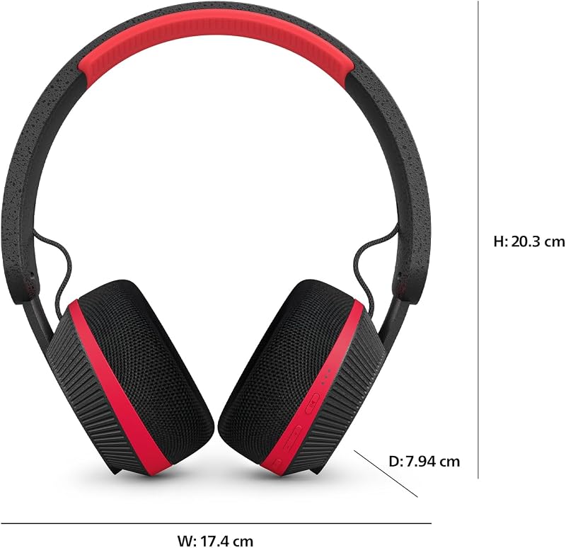 TAA6219BK Solar Powered Self Charging On Ear Bluetooth Headphones - 80 Hour Battery Reserve Ideal for Working Out, Running and Other Sports - Black and Red