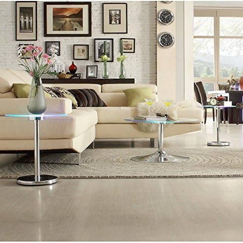Chrome Accent Tables for Home Office Contemporary Silver Round 3 Piece Set with LED Lights Tempered Glass Coffee Cocktail Furniture