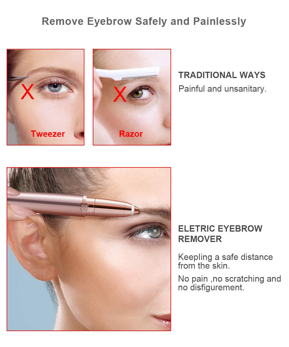 Painless Eyebrow Hair Remover for Women,Portable Eyebrow Trimmer Razor with LED Light,Lipstick-Sized Eye brow Epilator,Facial Hair Shaver For Good Finishing (Rose Gold)