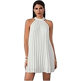 SweatyRocks Women's Casual Sleeveless Tie Back Halter Dress Mini Swing Pleated A-line Loose Dress
