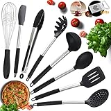 Kitchen Utensils, Silicone And Stainless Steel Heat-Resistant Non-Stick Cooking Tools, 8 Piece, Tongs, Spatulas, Pasta, Serving Spoon, Deep Ladle, Whisk Strainer And A Free Onion Holder