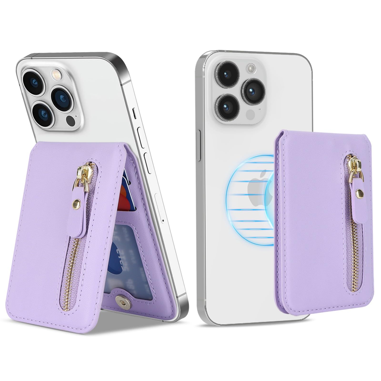 Zouzt for Magnetic Wallet, Compatible with MagSafe Wallet, 5 Card Holder, Strong Magnetic with Zipper for iPhone 16 Pro Max / 15/14 / 13/12 / 11 / Plus/Pro/Mini Series - Purple