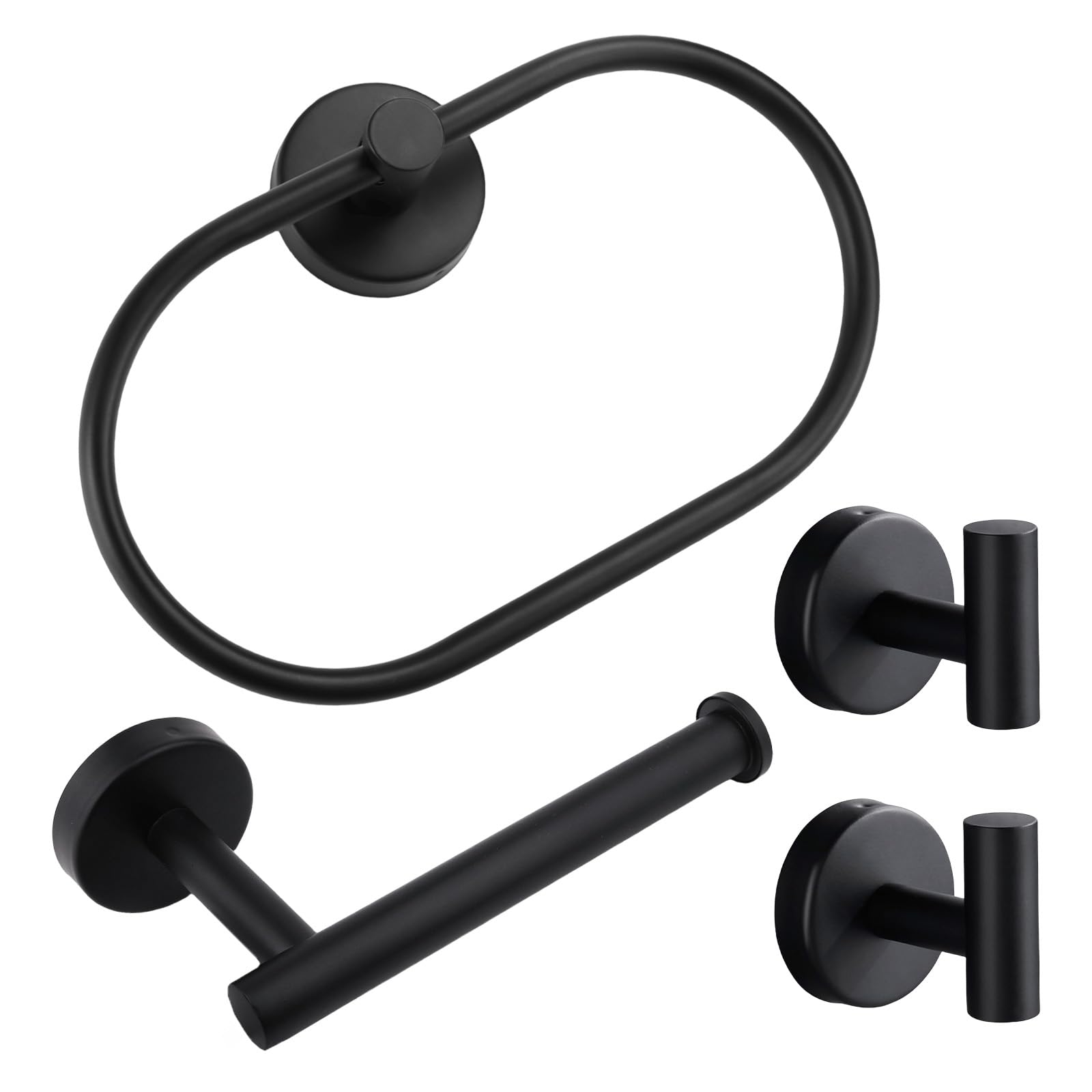 Black Towel Ring Towels Holder - 1x Black Towel Holder, 1x Toilet Paper Holder, 2x Towel Hooks for Bathrooms 4 Set, 12-0411