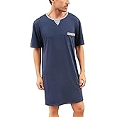 Yukiuiny Men Summer Short Sleeve Nightshirt Knee Length Nightgown Cotton Sleep Shirt Lounge Wear With Chest Pocket