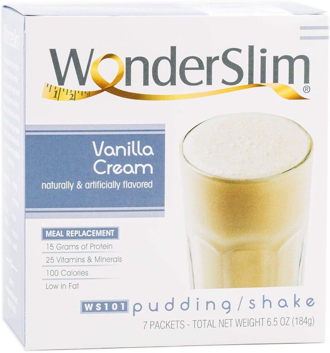 WonderSlim Meal Replacement Shake, Vanilla Cream, 24 Essential Vitamins & Minerals, Only 100 Calories, 15g Caseinate Protein, Unbeatable Taste, Low Fat, Kosher, Vegetarian - 7 Servings