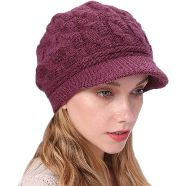Women Winter Knit Hats with Visor Brim Double Layer Fleece  display picture 3