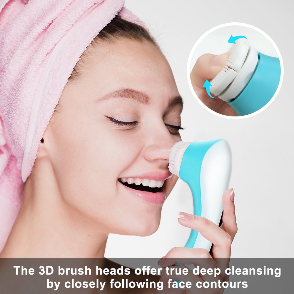 Electric Facial Brush, 3D Vibrating Sonic Waterproof Skin Exfoliating Cleansing System for Body and Face Deep Cleaning, Microdermabrasion Exfoliator with 3 Brush Heads