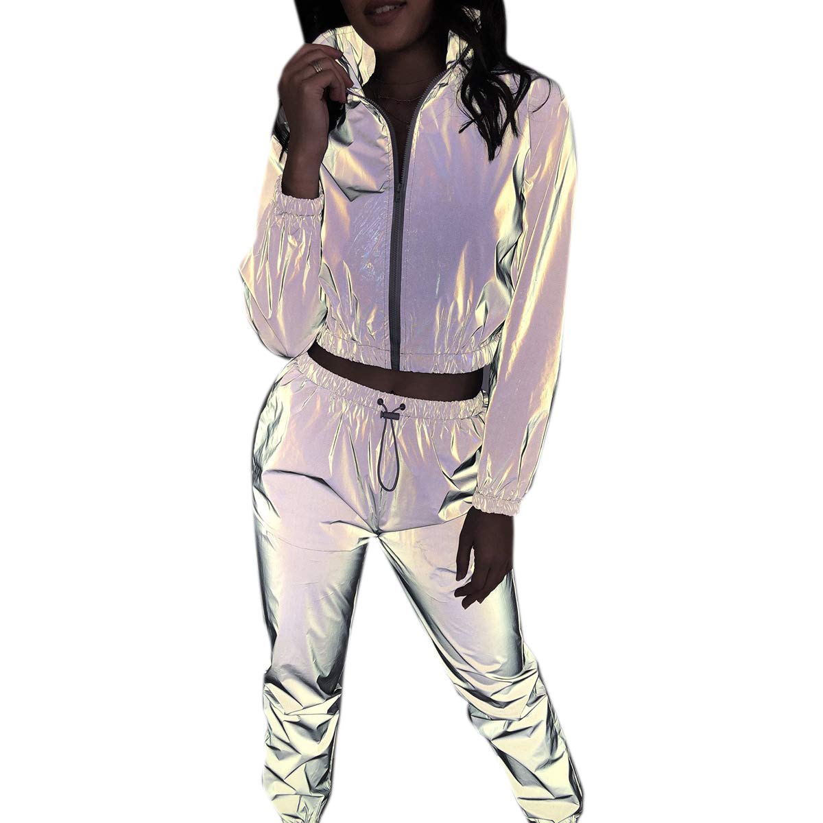 Photo 1 of **PANTS ONLY***AIBEARTY Women Rave Reflective Tracksuit Zip Up Long Sleeves Jacket Jogger Pants with Pockets for Sport Party SIZE SMALL