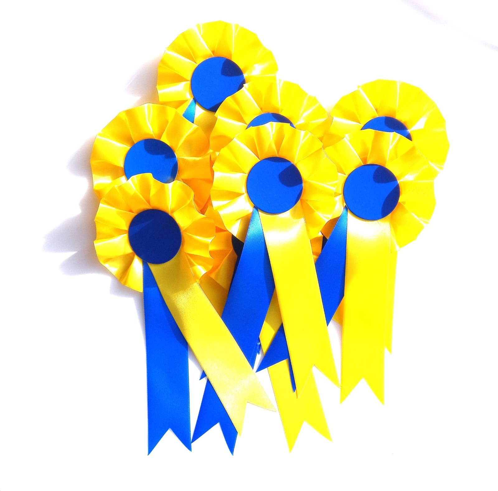 10 X 1 Tier Blank Rosettes In Satin Yellow and Blue Rosette Pins School Prizes Sports Celebration Sport Prizes Competitions Funerals Birthdays Occasions School Awards Sporting Awards Pin
