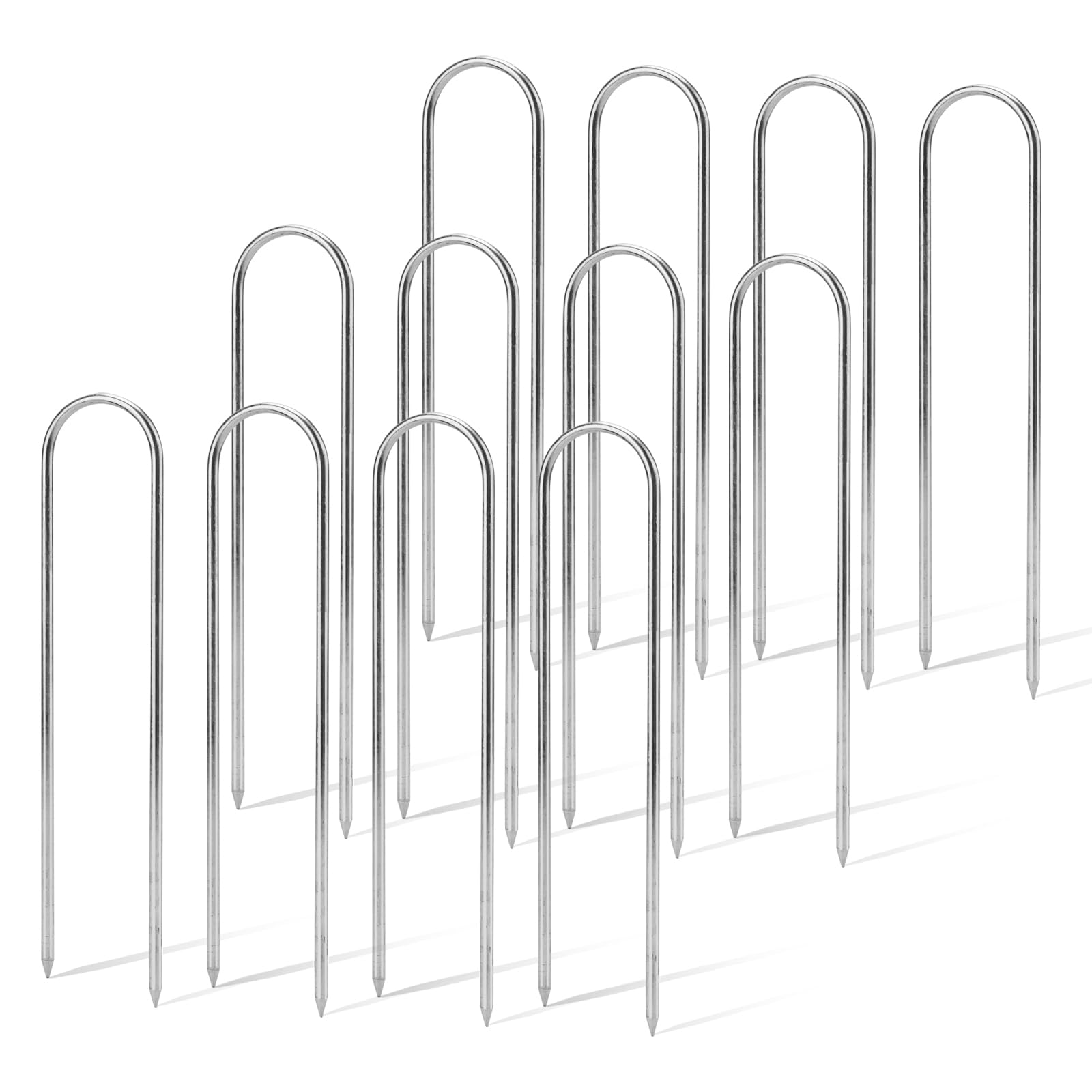 ZEONHAK 12 PCS 12 Inch U Shaped Trampolines Stakes, 6mm Silver U Wind Tent Pegs, 30cm Steel Ground Anchor Stakes for Camping Tents, Trampoline