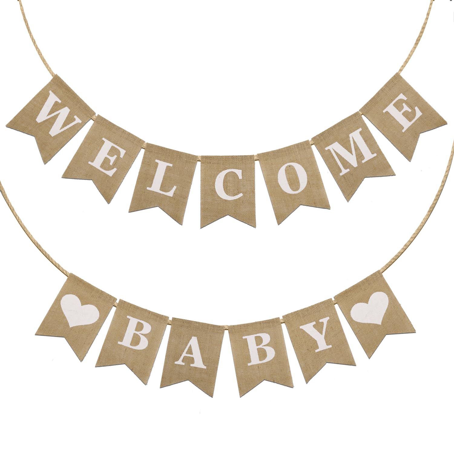 Welcome Baby Banner - Pre-Strung Burlap Sign for Neutral Gender Reveal Party & Baby Arrival Announcement