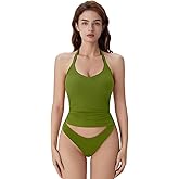 SUUKSESS Halter Tank Top for Women with Built in Bra Cotton Ribbed V Neck Cami