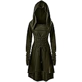 Womens Renaissance Costumes Hooded Robe Lace Up Vintage Pullover High Low Long Hoodie Dress
