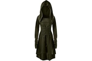 PENGFEI Womens Renaissance Costumes Hooded Robe Lace Up Vintage Pullover High Low Long Hoodie Dress