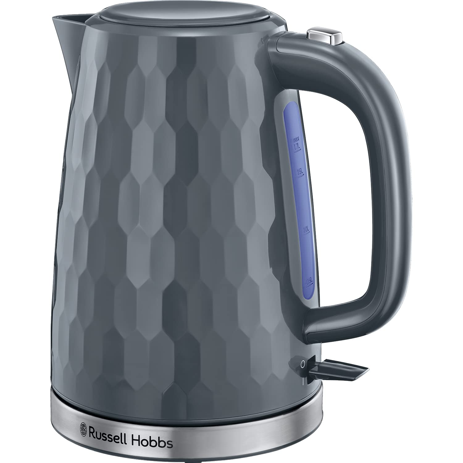 Russell Hobbs Honeycomb Electric 1.7L Cordless Kettle (Fast Boil 3KW, Grey premium plastic, matt & high gloss finish, Removable washable anti-scale filter, Push button lid, Perfect pour spout) 26053