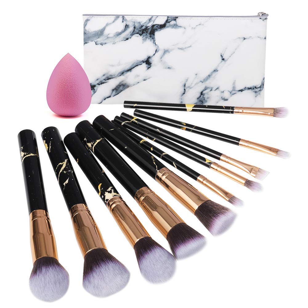 Make Up Brushes Set with Bag, 10 Pieces Professional Cosmetic Brushes Black Marble Foundation Makeup Brushes Kits with PU Leather Travel Bag Pouch Gift for Valentine's Day