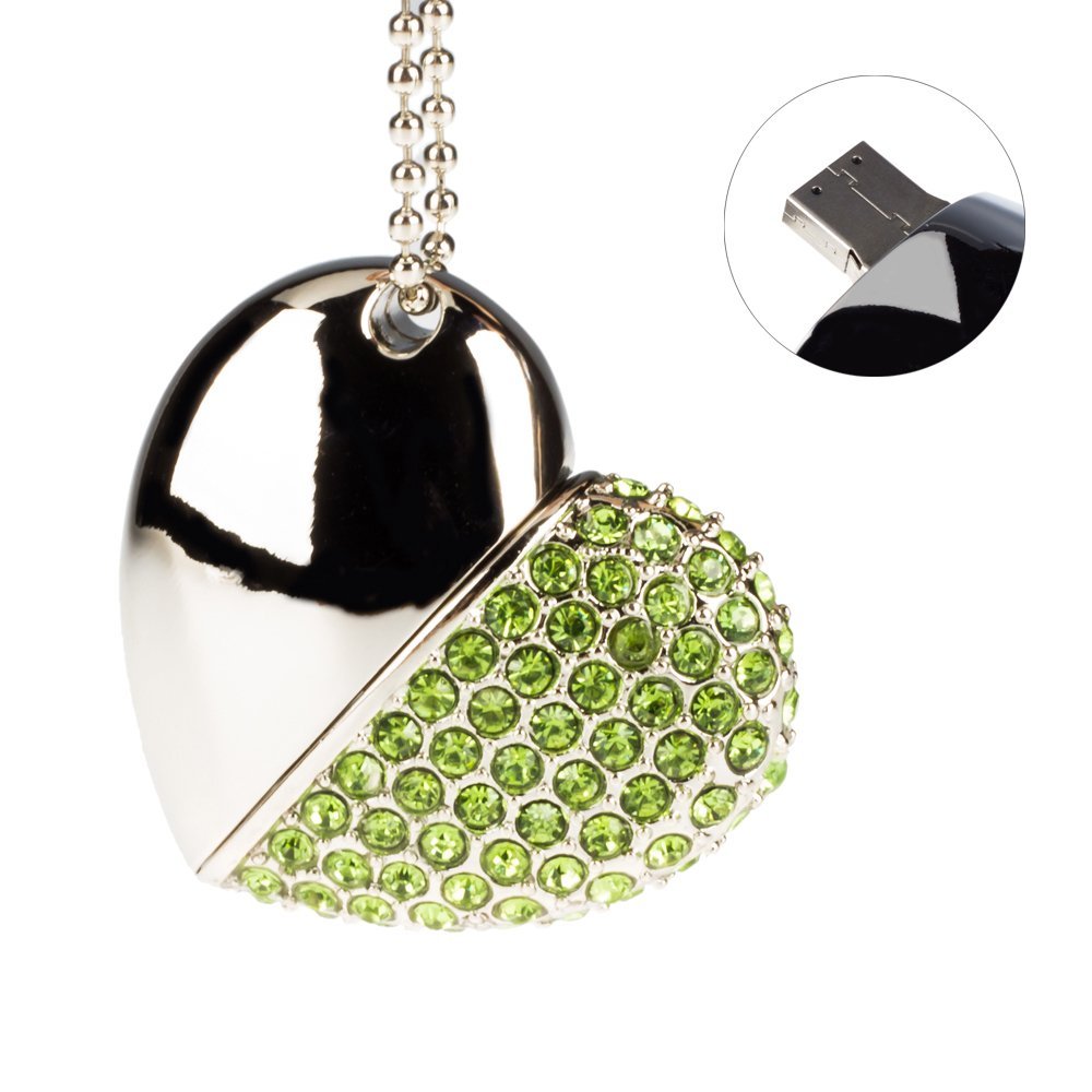 MaXinDa Sliver Forma de Corazón Memoria USB de 16GB/32GB/64GB Memory Drive Cristal de Flash USB Palillo (64GB, Verde)