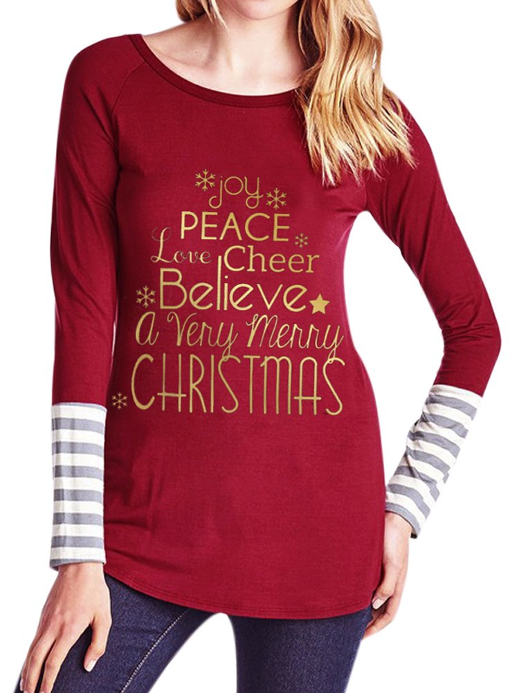 For G and PL Women's Christmas Print Striped Graphic Tops - Image 3