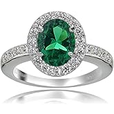 Ice Gems Sterling Silver Created Emerald and White Topaz Oval Halo Ring