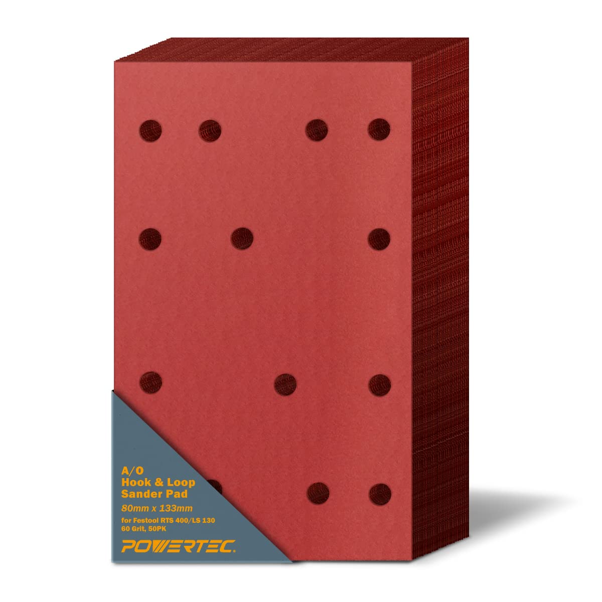 POWERTEC 4R13506-50, 60 Grit for Festool RTS 400/ LS 130, 80mm x 130mm A/O Hook and Loop Sander Pad, 50PK