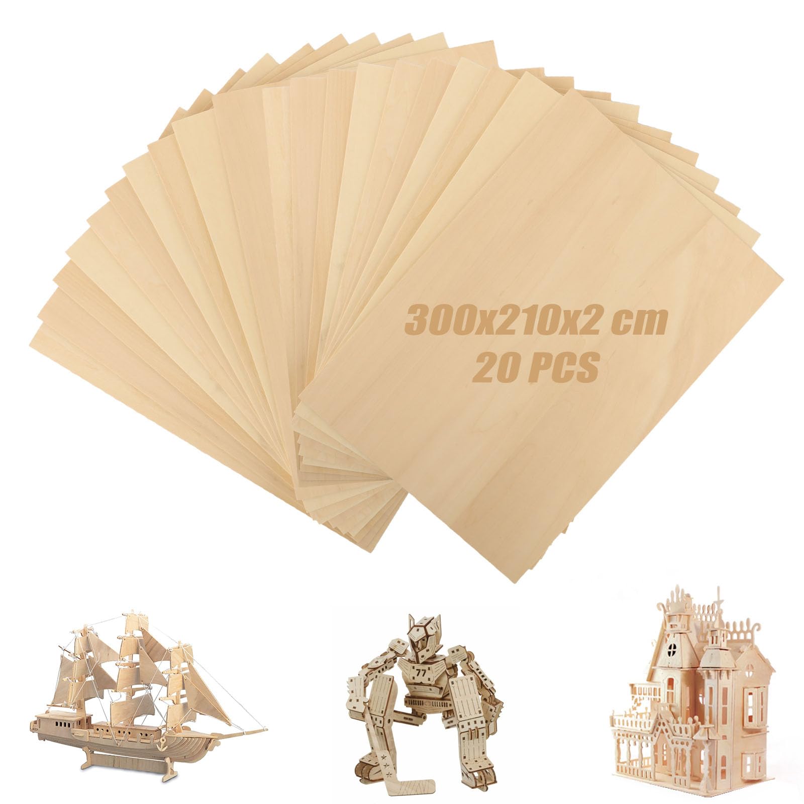 MUXHEL 20PCS A4 Plywood Sheets 2mm Unfinished Basswood Sheets 300x210mm Basswood Plywood Sheets for Crafts, Arts, Painting, DIY & Engraving