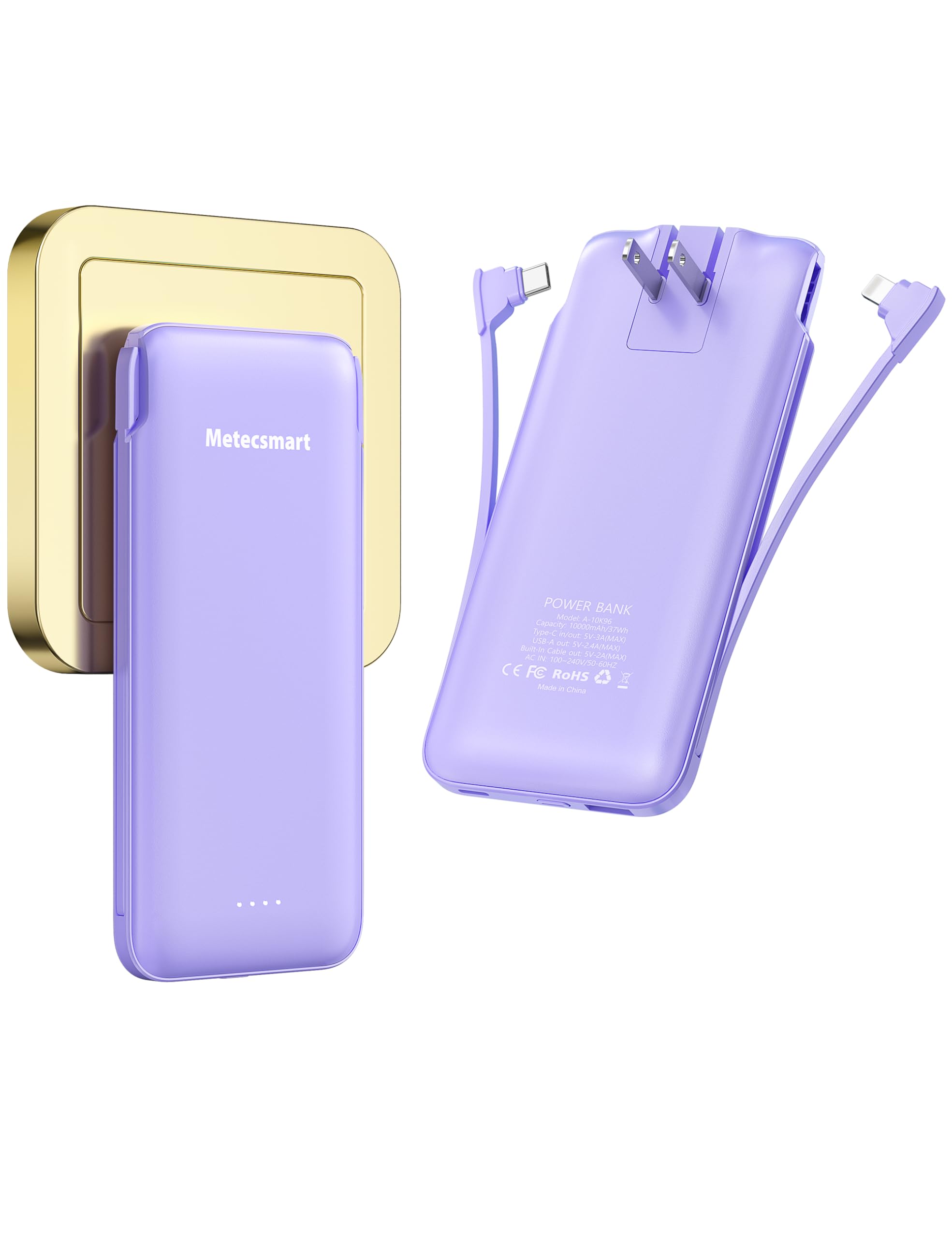 Metecsmart Portable Charger Power Bank with Built-in Cable & AC Plug, 10000mAh Fast USB-C Charger, Slim Mini Battery for iPhone 16/15/14/13/Pro/Max & All USB-C Devices