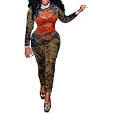 GUXMO Women Sexy See Through Mesh Jumpsuit Long Sleeve Digital Print Bodycon Party Club Rompers