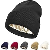 Womens Satin Lined Beanie Winter Hats Cable Knit Cuffed Beanie for Women Silk Lining Thick Chunky Warm Beanie Hat