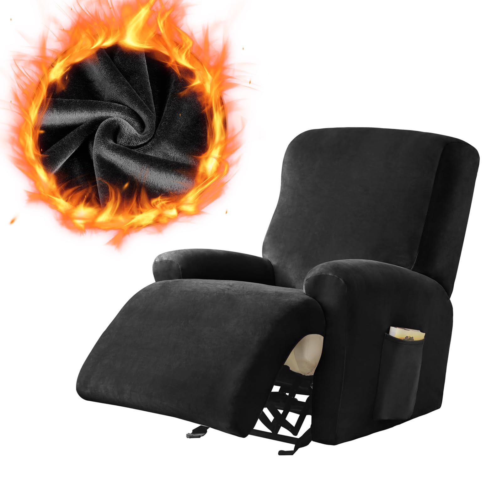 Leorate Velvet Recliner Chair Cover with Side Pocket - Stretch Recliner Slipcover for Electric Chair Soft Thick Fabric Armchair Cover for Winter Armchair Slipcovers for Living Room (Velvet - Black)