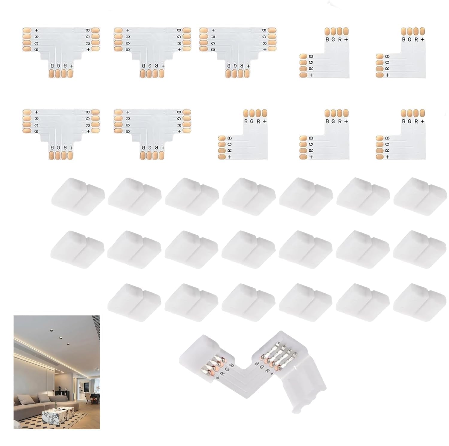 30Pcs LED Light Strip Connectors, 4-Pin RGB 10mm Solderless Connector Adapter Strip to Wire Quick Connection Includes T Shape L Shape RGB LED Light Strip Connectors for SMD 5050 Multicolor LED Strip